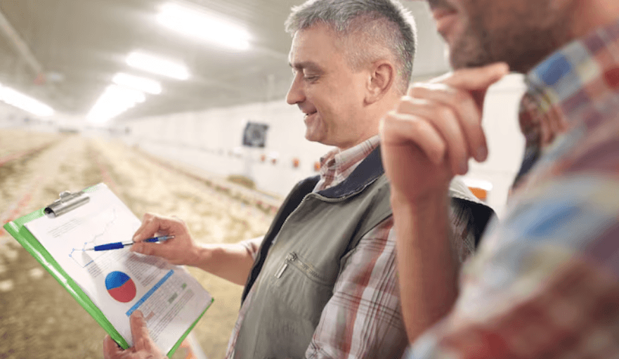 Engenheiro agrônomo inspecionando uma colheita